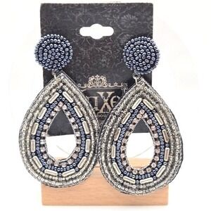 Luxe Boutique Beaded Teardrop Earrings Dangle Statement Sparkle Blue Silver